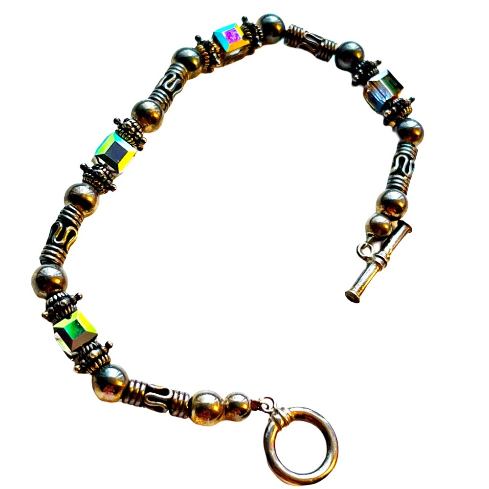 Bali Sterling Silver Swarovski Rainbow Crystal Cube Bead Bracelet.